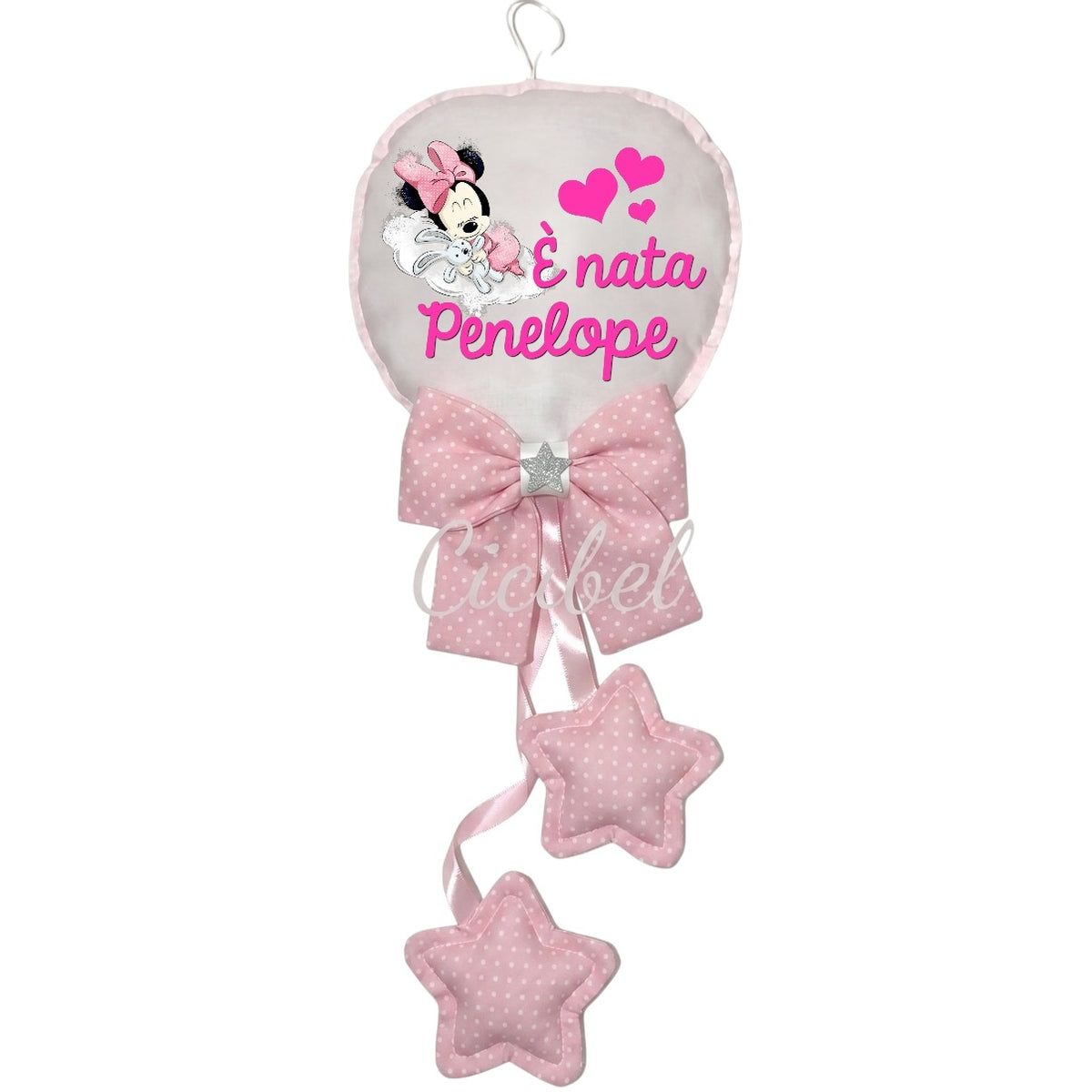 Fiocco nascita palloncino con Minnie, un fiocchetto e due tenere stelline pendenti.