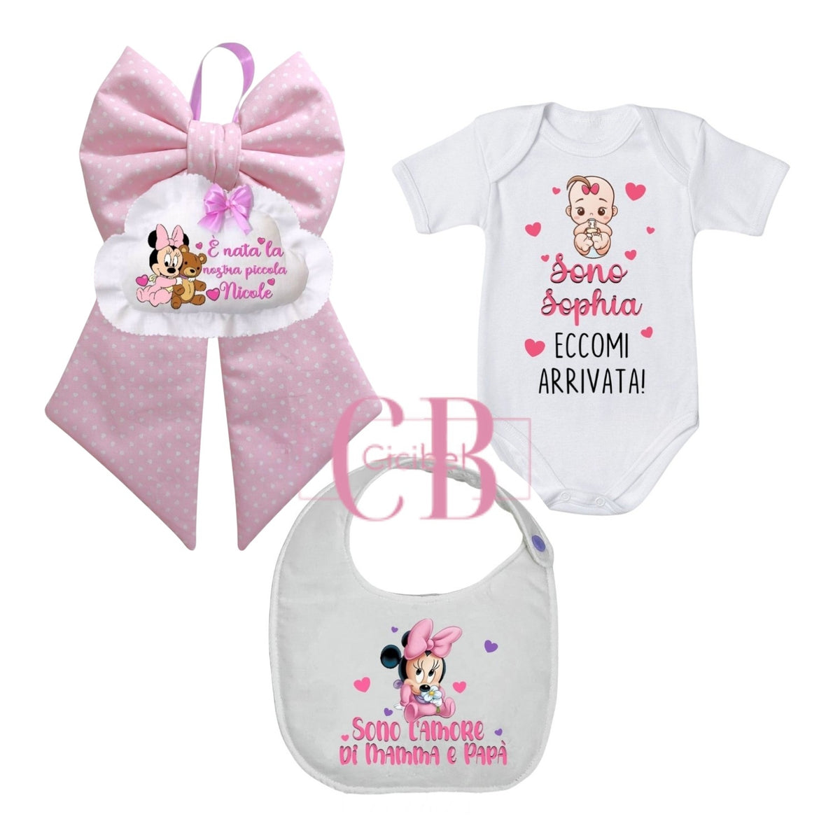 Kit Nascita Completo Personalizzabile bimba (Body, Bavaglino e Fiocco)