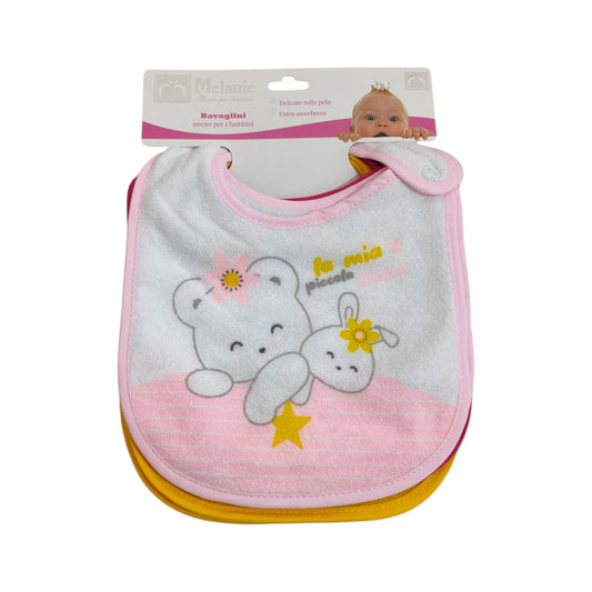 Set di 6 bavaglini per neonata in spugna, super assorbenti, fantasia orsetti e coniglietti. Ideali per la pappa.