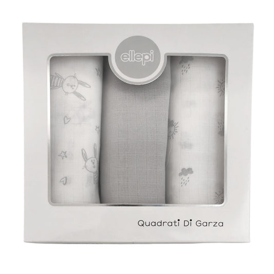 Set di 3 mussole per neonato in scatola regalo bianca: fantasia coniglietti grigi, grigio tinta unita e fantasia nuvole grigie.
