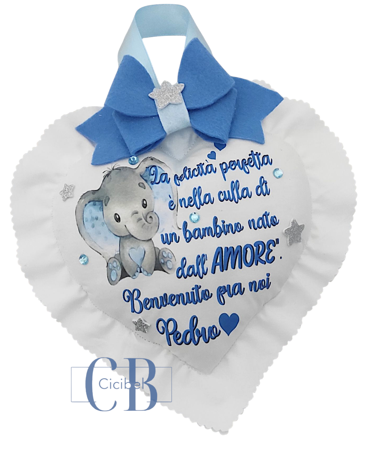 CUORE CON DEDICA FIOCCO CELESTE