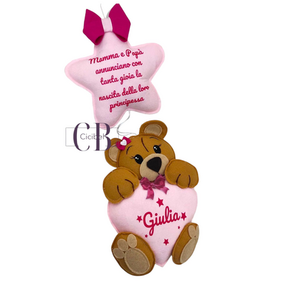 FIOCCO NASCITA PERSONALIZZATO ROSA CON ORSETTO