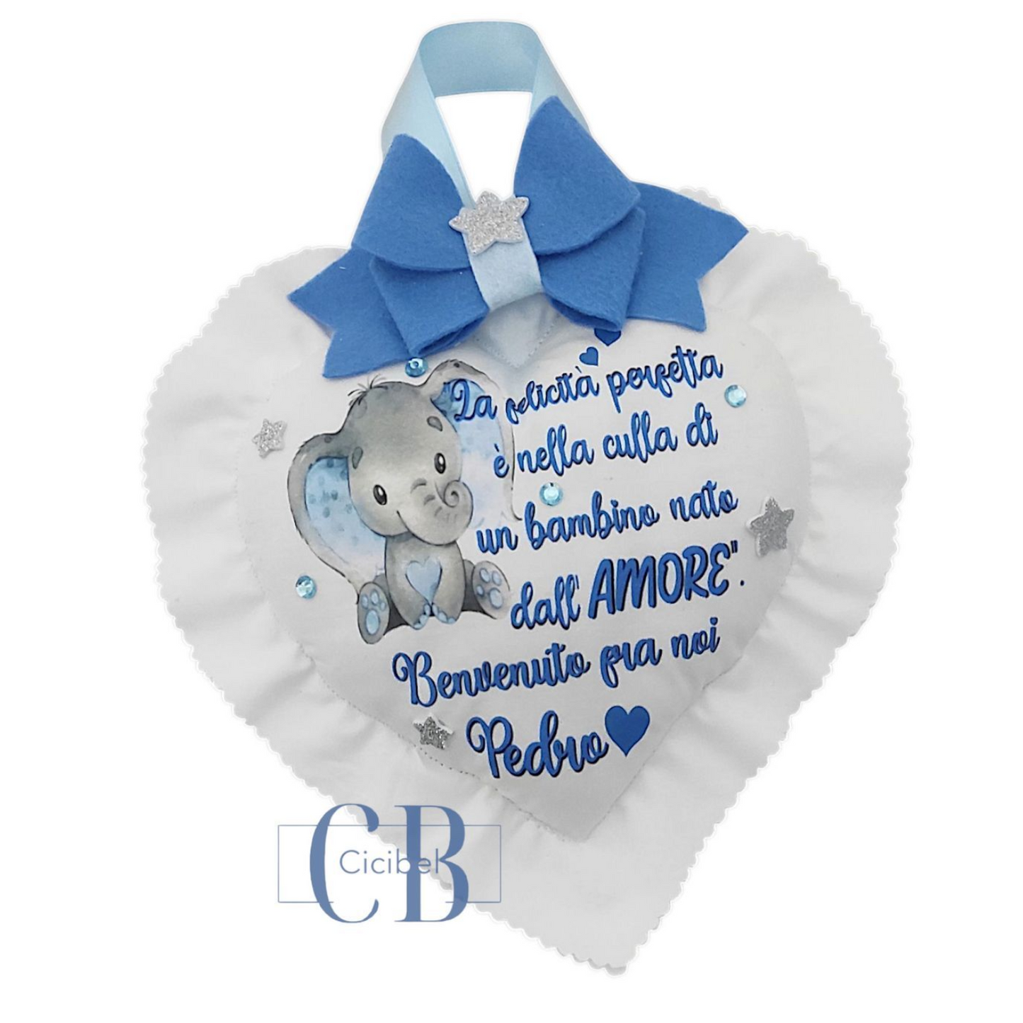 CUORE CON DEDICA FIOCCO CELESTE