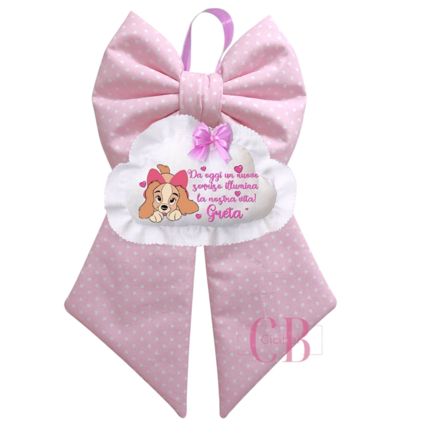 Fiocco nascita rosa con cuori bianchi e pendente a forma di nuvoletta con Lilli.