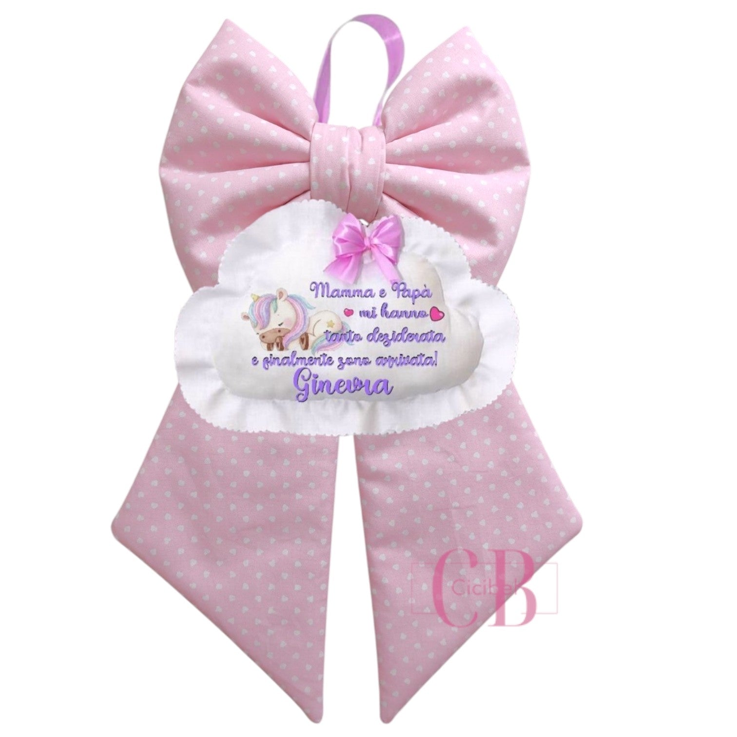 Fiocco nascita rosa con cuori bianchi e unicorno.