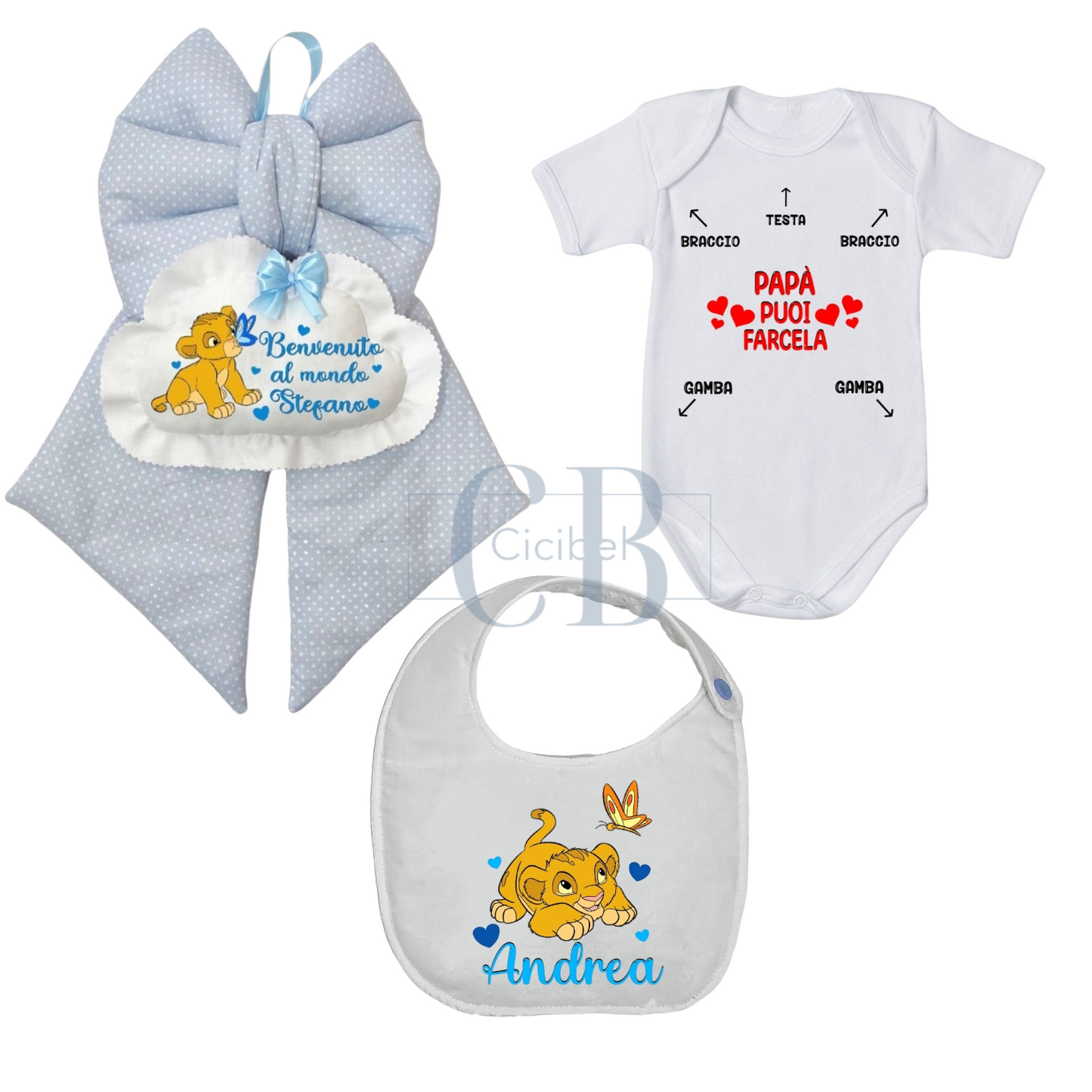 Kit Nascita Completo Personalizzabile bimbo (Body, Bavaglino e Fiocco)