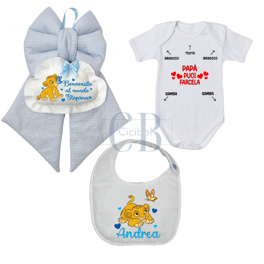 Kit Nascita Completo Personalizzabile bimbo (Body, Bavaglino e Fiocco)