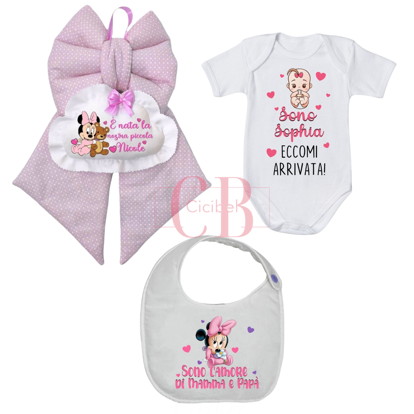 Kit Nascita Completo Personalizzabile bimba (Body, Bavaglino e Fiocco)