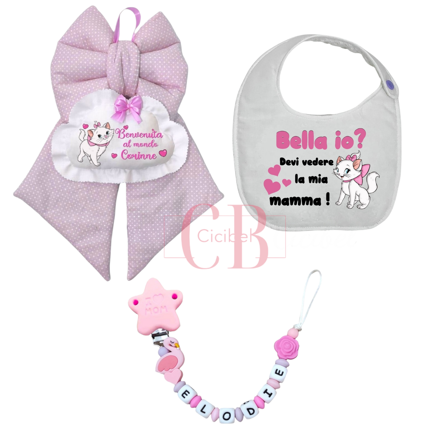 Kit Nascita Completo Personalizzabile bimba (Catenella, Bavaglino e Fiocco)