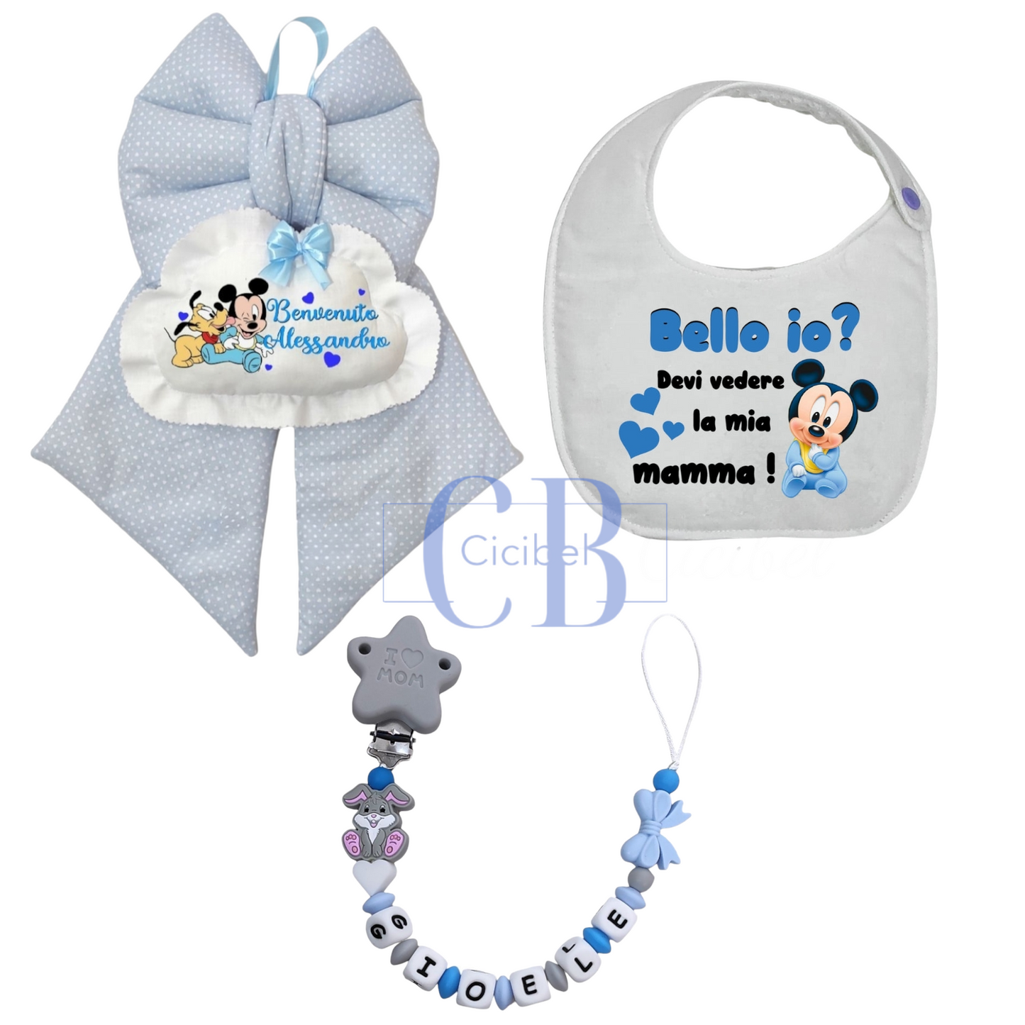 Kit Nascita Completo Personalizzabile bimbo (Catenella, Bavaglino e Fiocco)