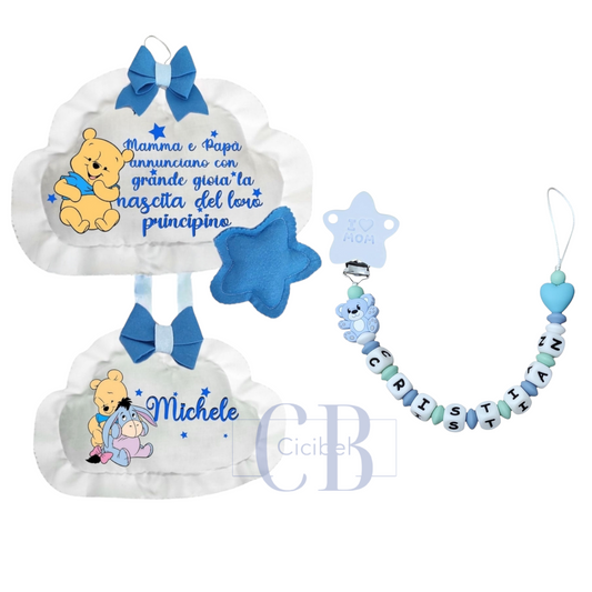 Set Neonato Personalizzato: Fiocco Nascita Nuvoletta & Catenella Portaciuccio con Nome