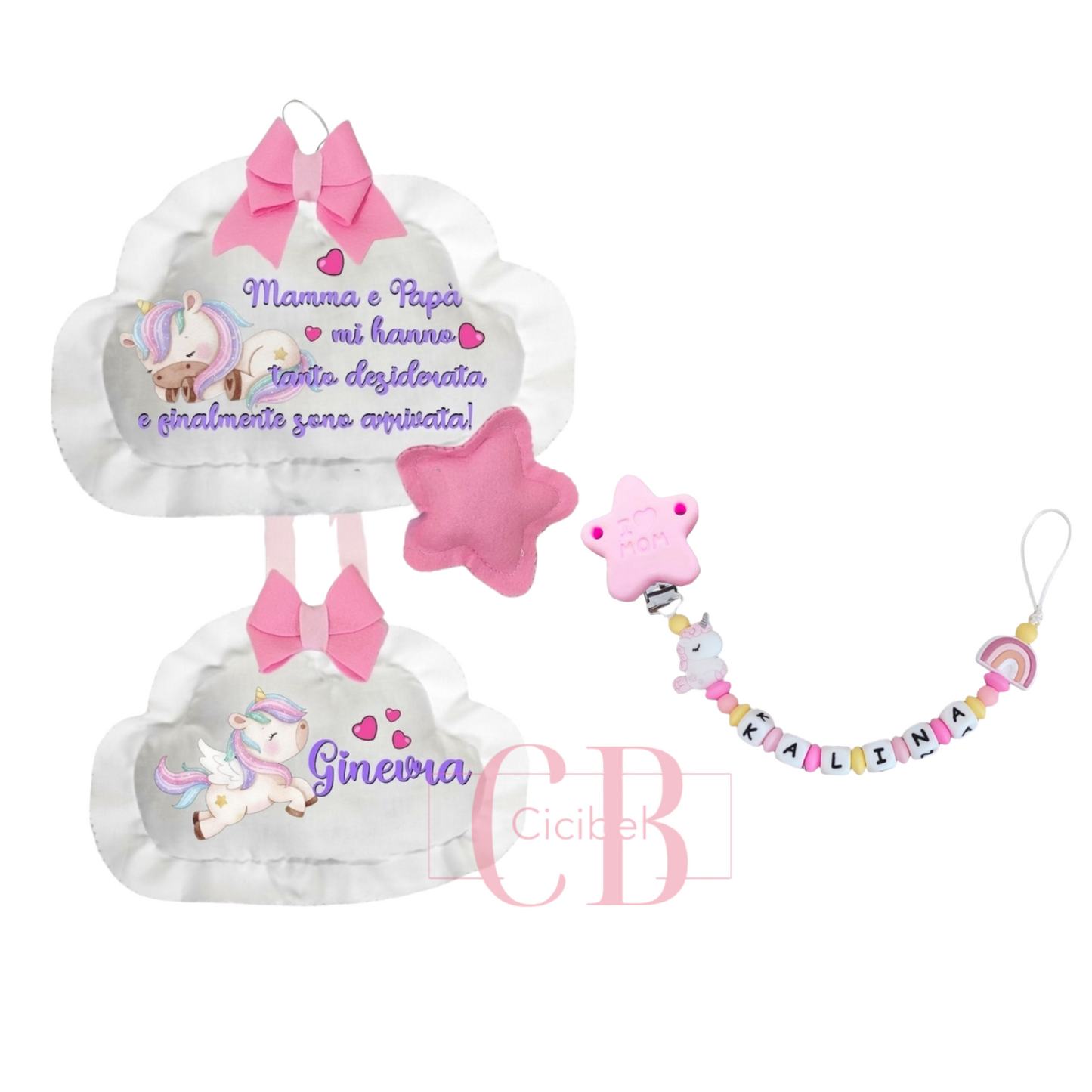 Set Neonato Personalizzato: Fiocco Nascita Nuvoletta & Catenella Portaciuccio con Nome