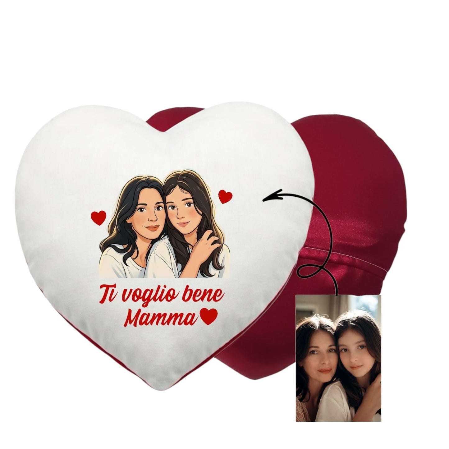 Regalo festa della mamma: cuscino a cuore con foto cartoon 40x40
