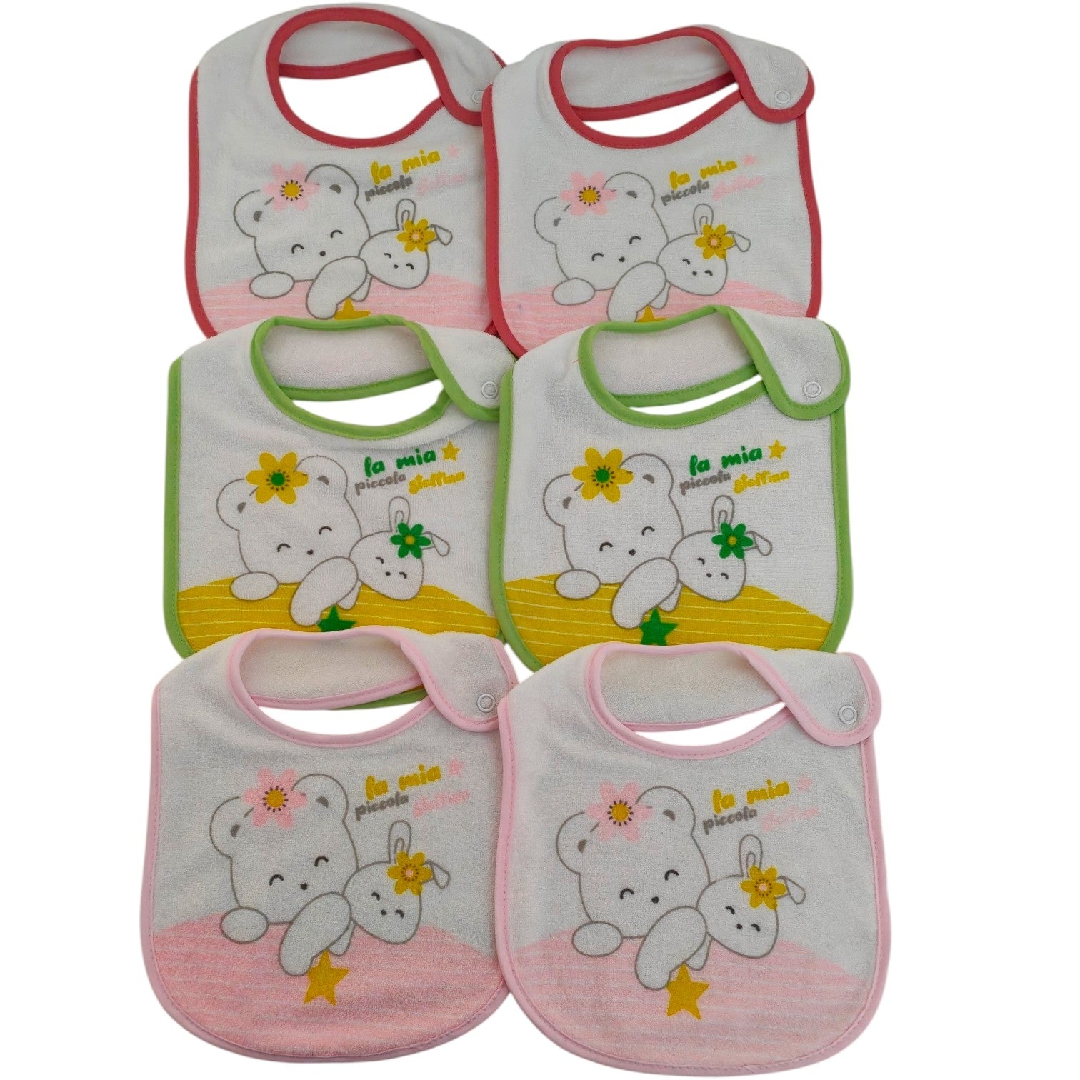 Set di 6 bavaglini per neonata in spugna, super assorbenti, fantasia orsetti. Ideali per la pappa.