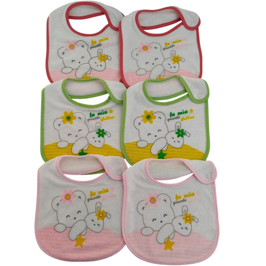Set di 6 bavaglini per neonata in spugna, super assorbenti, fantasia orsetti. Ideali per la pappa.
