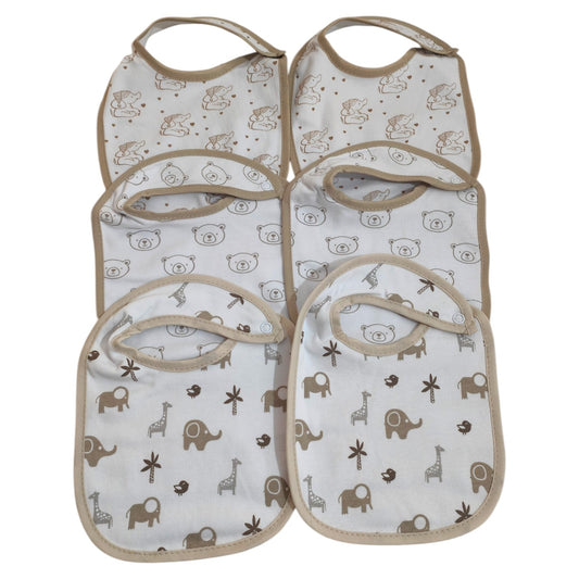 Set di 6 bavaglini unisex in cotone, assorbenti, fantasia animaletti. Ideali per la pappa. Chiusura con bottoni.
