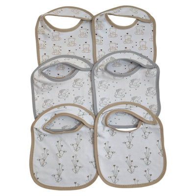 Set di 6 bavaglini unisex in cotone, assorbenti, fantasia animaletti. Ideali per la pappa. Chiusura con bottoni.