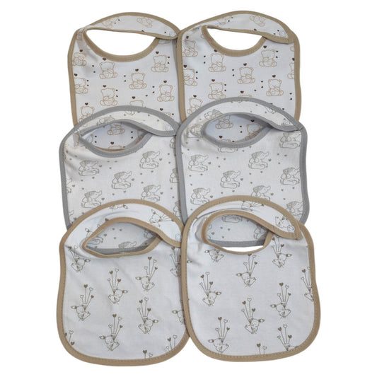 Set di 6 bavaglini unisex in cotone, assorbenti, fantasia animaletti. Ideali per la pappa. Chiusura con bottoni.