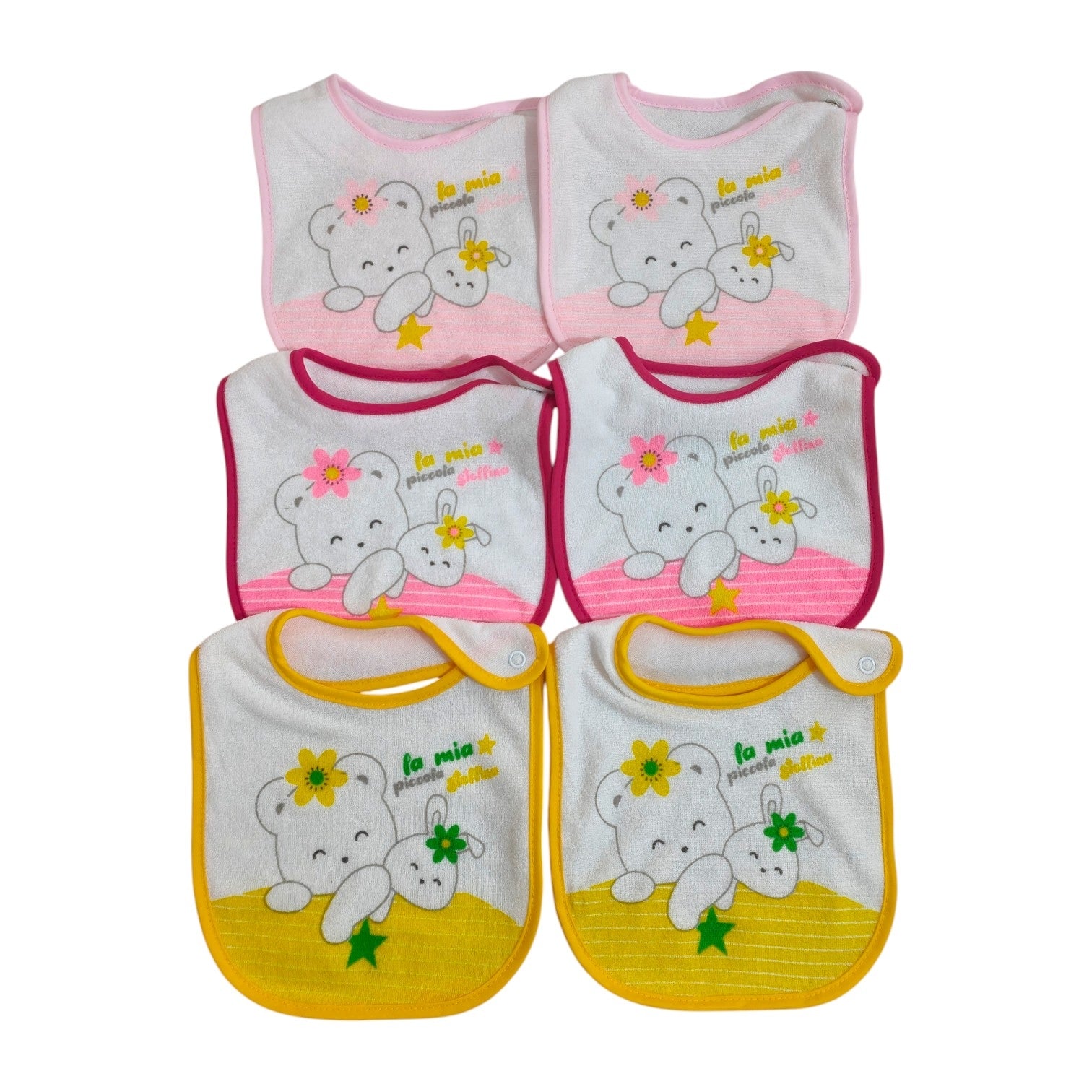 Set di 6 bavaglini per neonata in spugna, super assorbenti, fantasia orsetti e coniglietti. Ideali per la pappa.