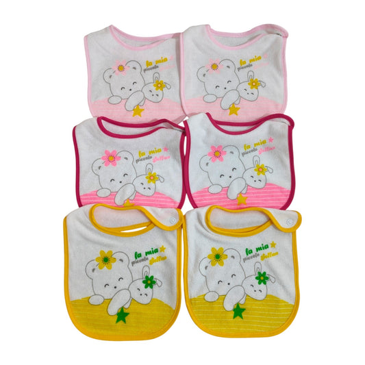 Set di 6 bavaglini per neonata in spugna, super assorbenti, fantasia orsetti e coniglietti. Ideali per la pappa.