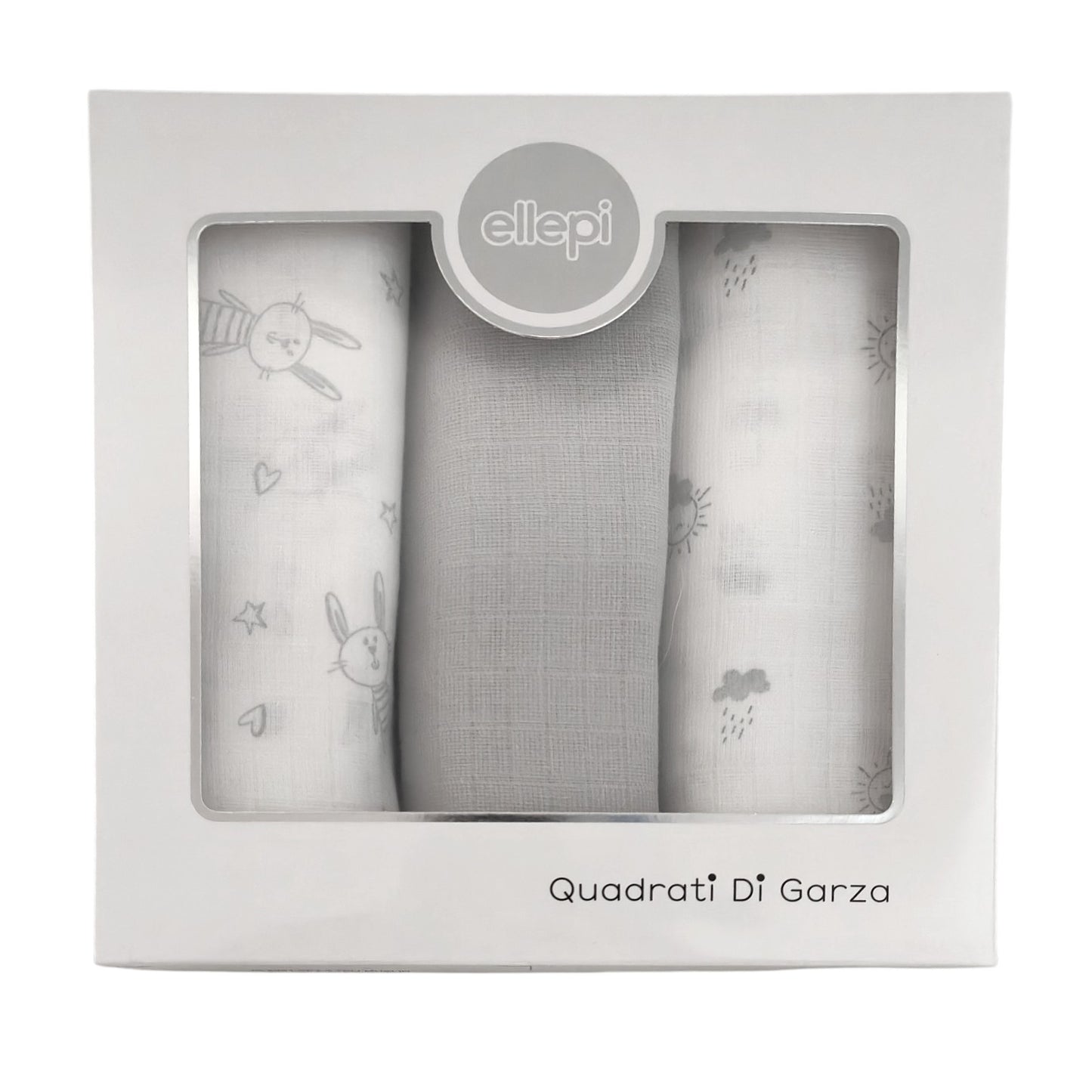 Set di 3 mussole per neonato in scatola regalo bianca: fantasia coniglietti grigi, grigio tinta unita e fantasia nuvole grigie.