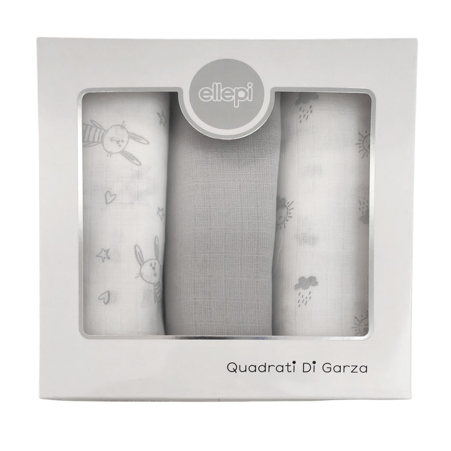 Set di 3 mussole per neonato in scatola regalo bianca: fantasia coniglietti grigi, grigio tinta unita e fantasia nuvole grigie.