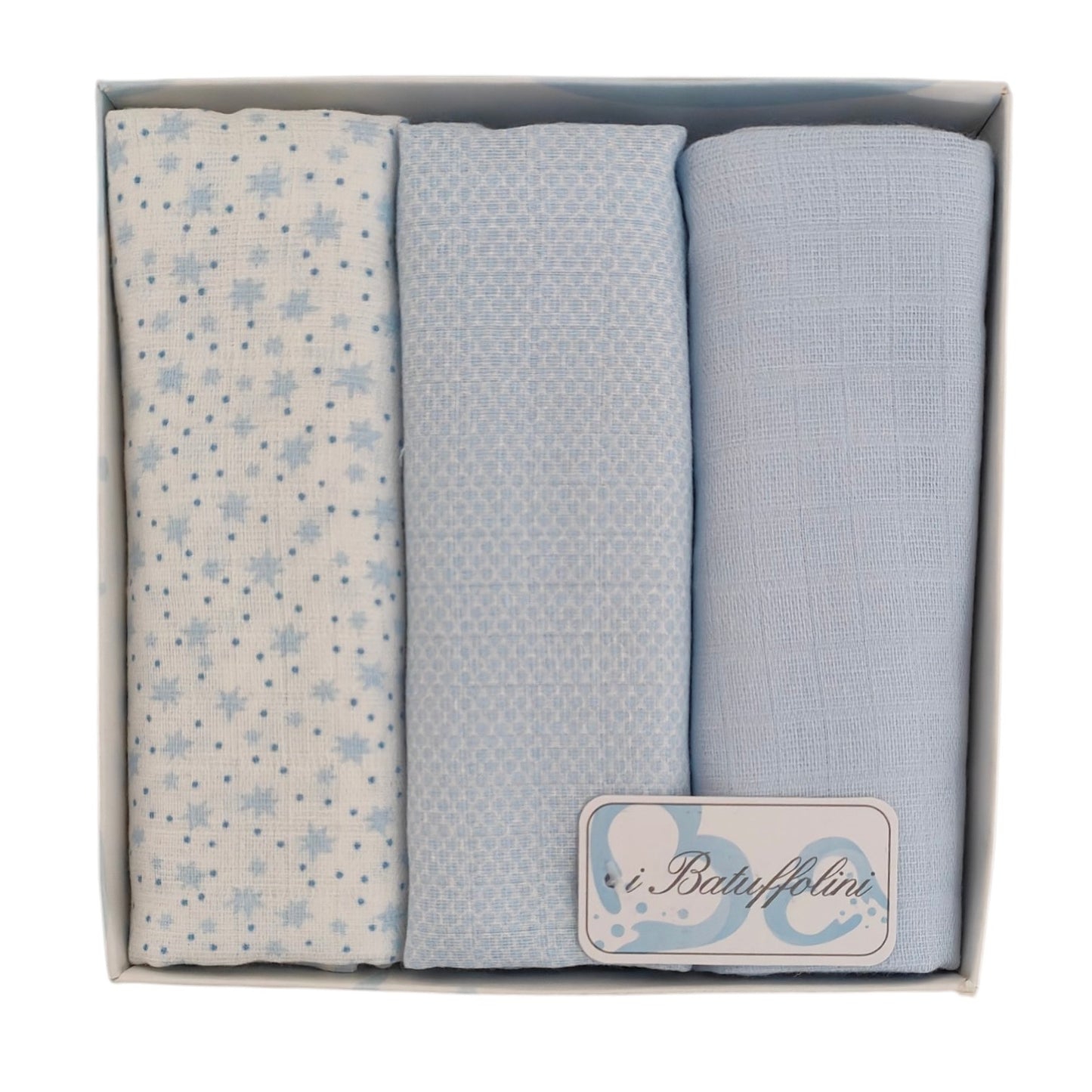 Set 3 mussole neonato in 100% Cotone - Stelline e Tinta Unita Celeste - "I Batuffolini" - 70x70