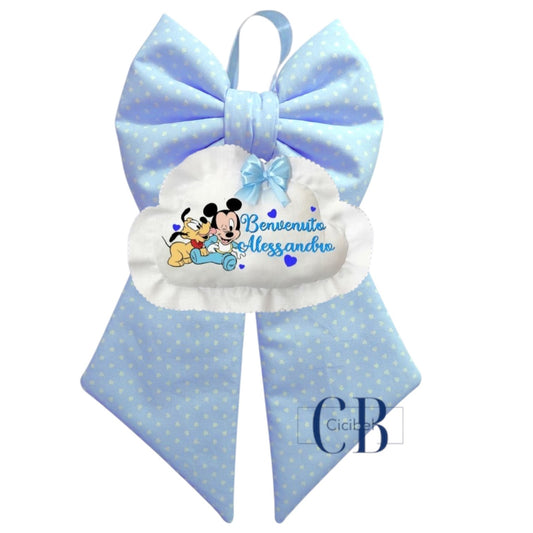 Fiocco Nascita in Cotone Personalizzato CLASSICO CELESTE CON TOPOLINO E PLUTO