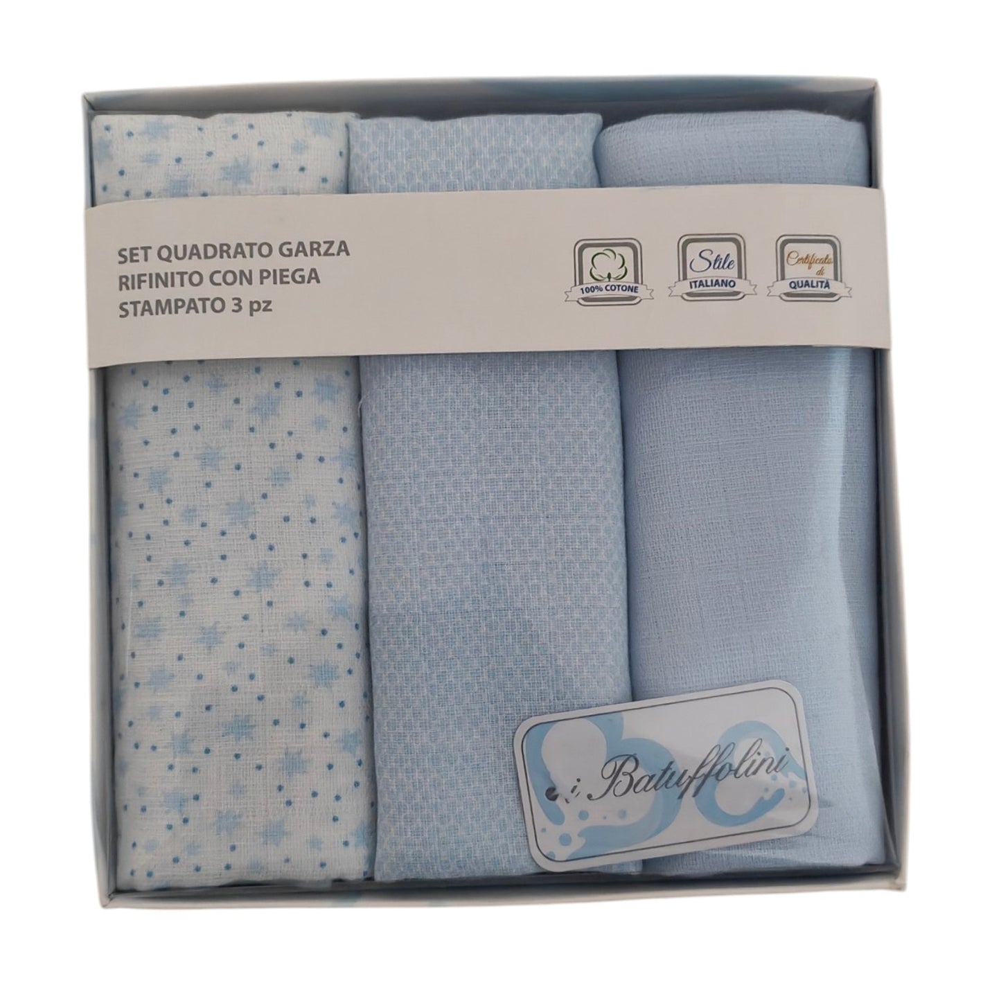 Set 3 mussole neonato in 100% Cotone - Stelline e Tinta Unita Celeste - "I Batuffolini" - 70x70