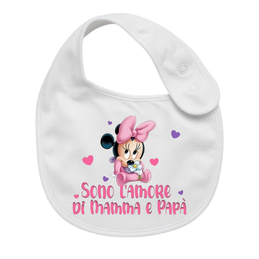 Bavaglino Neonato Personalizzato in cotone 0/12 MESI AMORE DI MAMMA E PAPA' MINNIE