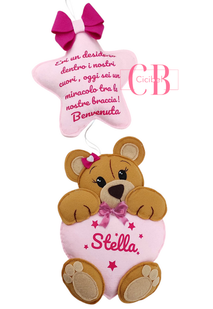 FIOCCO NASCITA PERSONALIZZATO ROSA CON ORSETTO