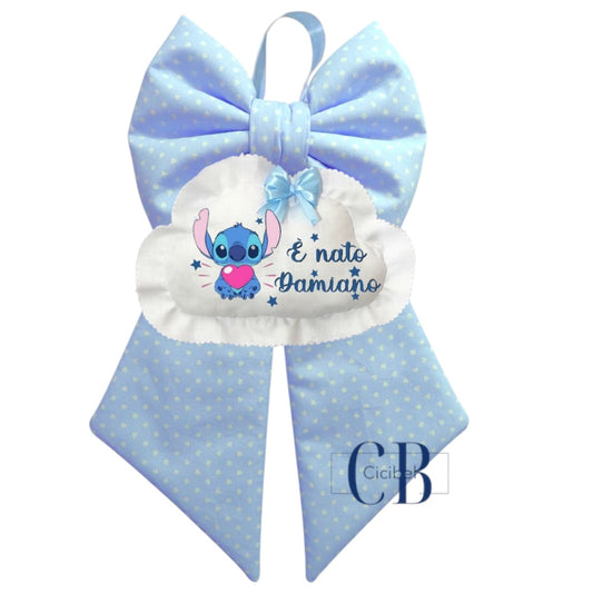 Fiocco Nascita in Cotone Personalizzato CLASSICO CELESTE CON STITCH