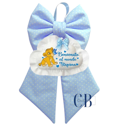 Fiocco Nascita in Cotone Personalizzato CLASSICO CELESTE CON SIMBA
