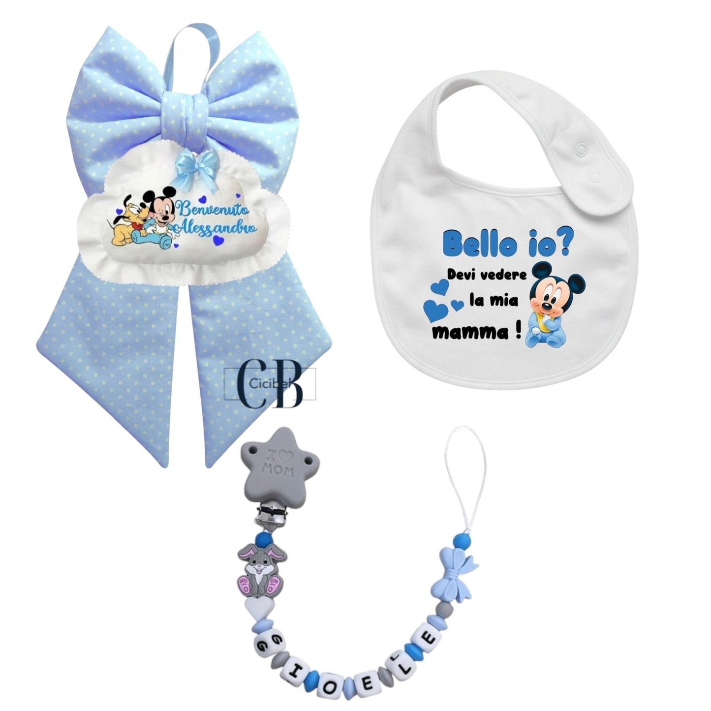 Kit Nascita Completo Personalizzabile bimbo (Catenella, Bavaglino e Fiocco)