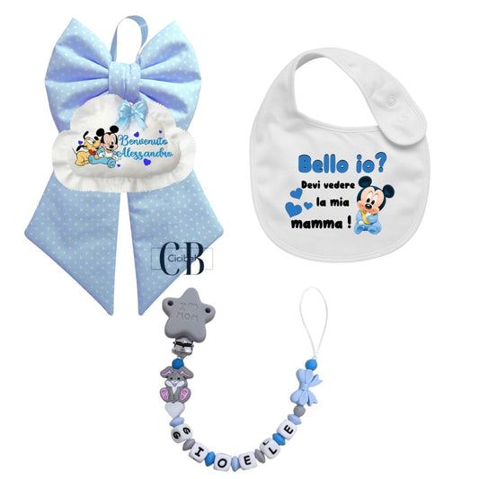 Kit Nascita Completo Personalizzabile bimbo (Catenella, Bavaglino e Fiocco)