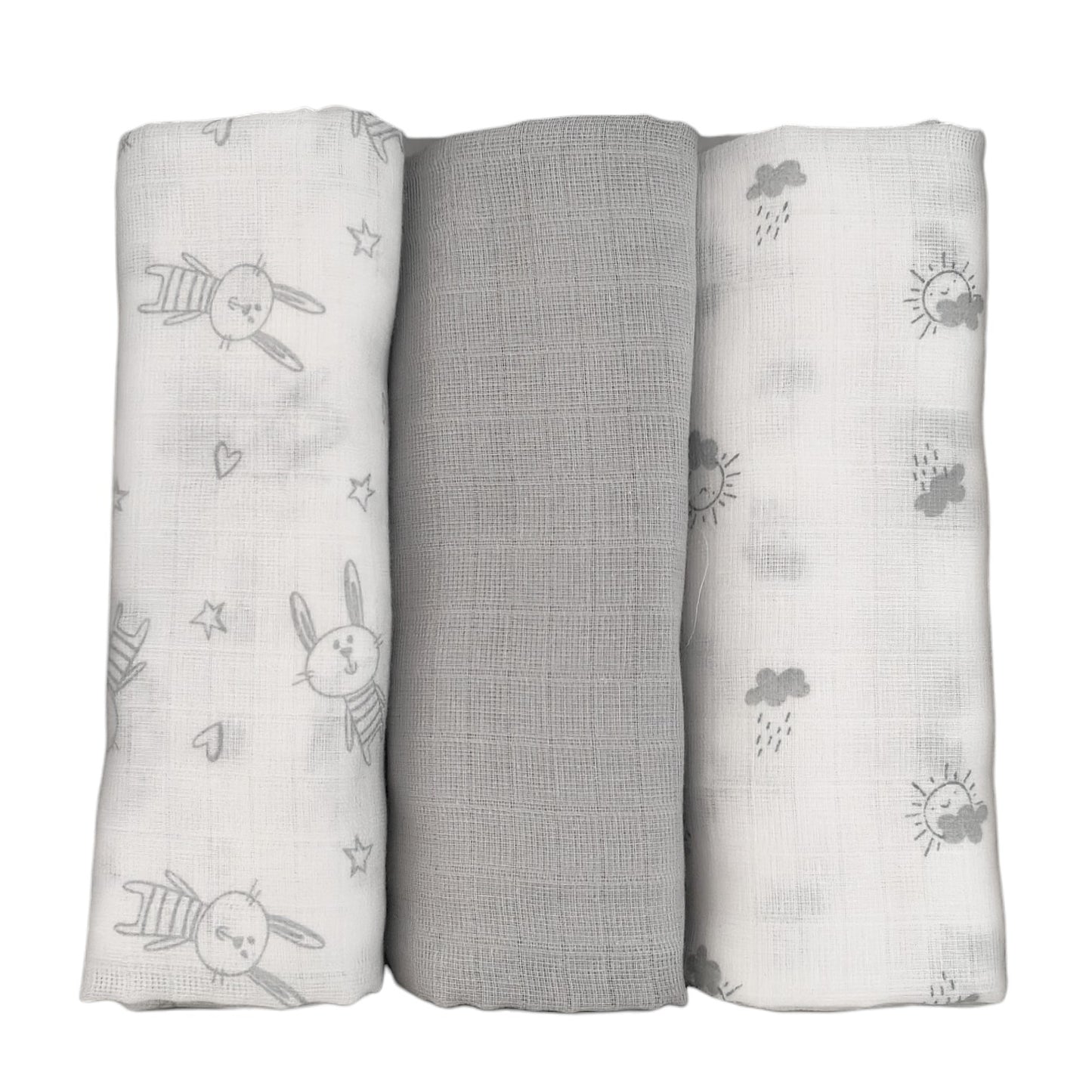 Set di 3 mussole per neonato in scatola regalo bianca: fantasia coniglietti grigi, grigio tinta unita e fantasia nuvole grigie.