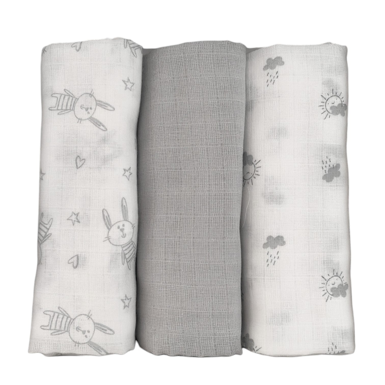 Set di 3 mussole per neonato in scatola regalo bianca: fantasia coniglietti grigi, grigio tinta unita e fantasia nuvole grigie.