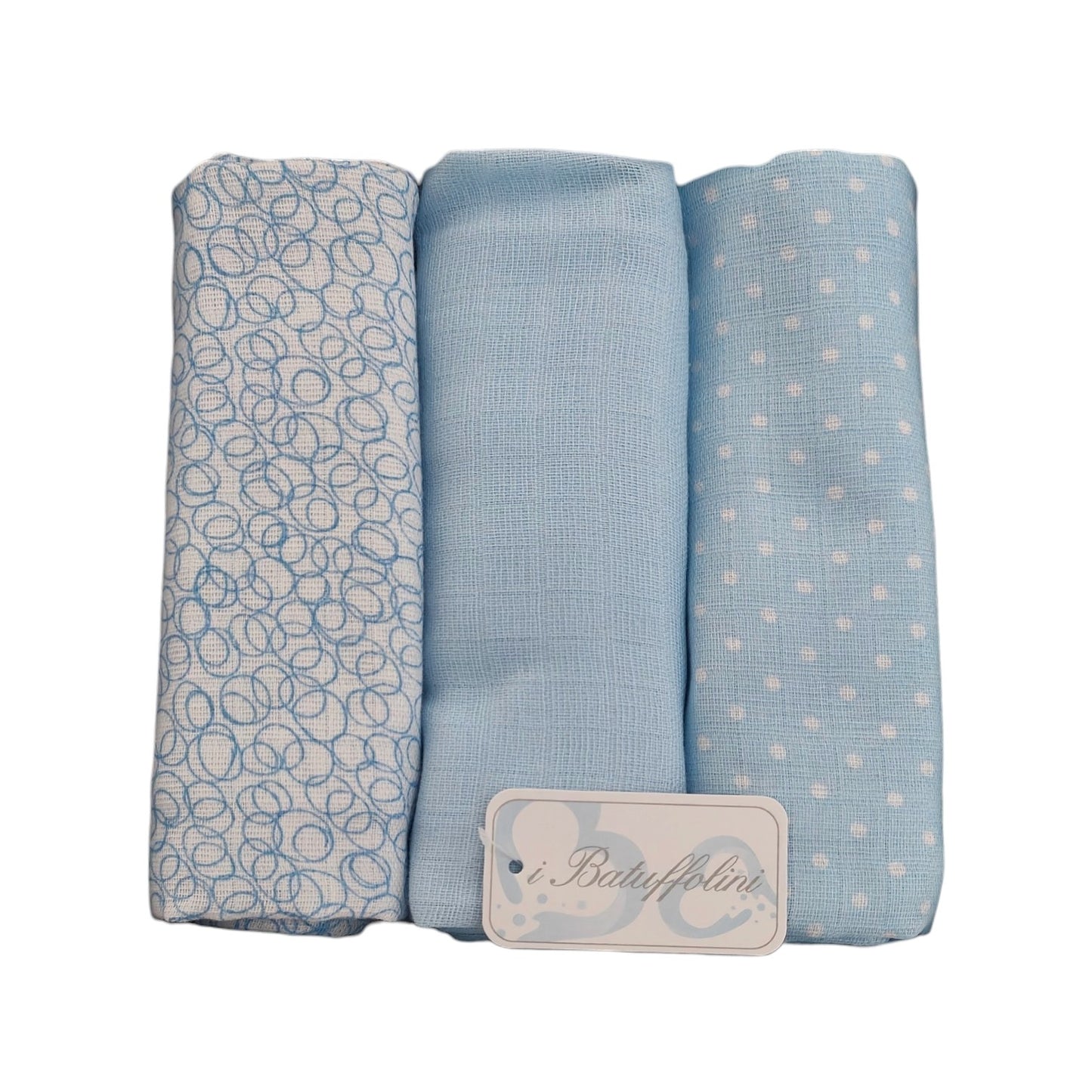 Set regalo neonato composto da 3 panni in morbida garza di cotone 100% celeste e bianco con etichetta i Batuffolini.