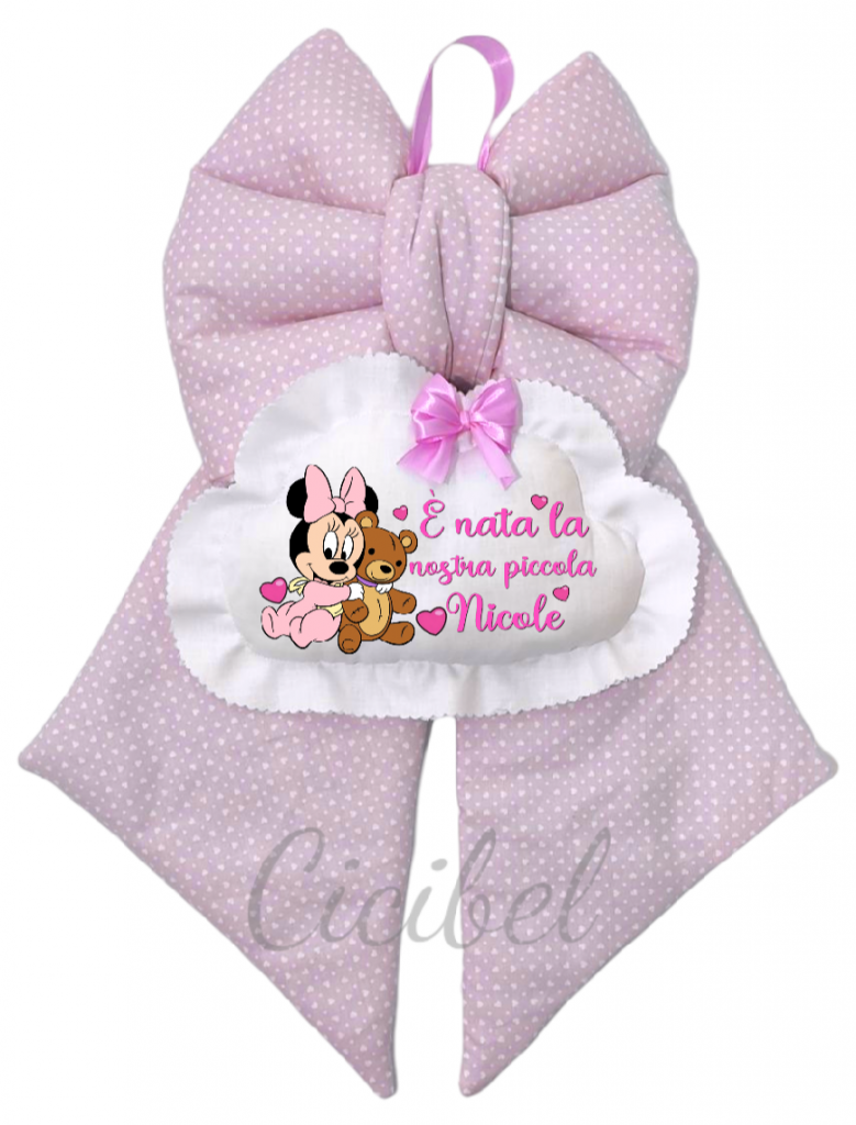 Fiocco Nascita personalizzato in Cotone cuori e pois CLASSICO ROSA MINNIE